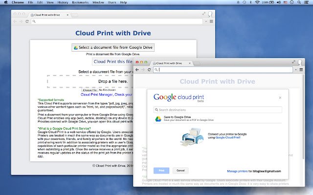 Chrome Web ストアからの Cloud Print with Drive を OffiDocs Chromium オンラインで実行