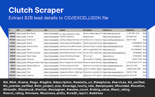 Clutch Scraper Extract Business Database from Clutch.co from Chrome web store to be run with OffiDocs Chromium online Clutch Scraper Extract Business Database from Clutch.co from Chrome web store to be run with OffiDocs Chromium online