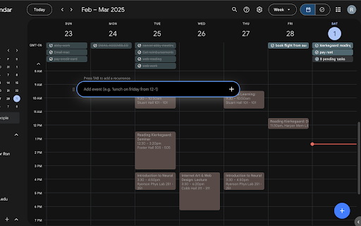 cmd + e: AI Event Creation for GCal  from Chrome web store to be run with OffiDocs Chromium online