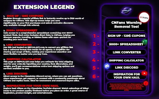 CNfans Warm Reminder Remover by RepGalaxy  from Chrome web store to be run with OffiDocs Chromium online