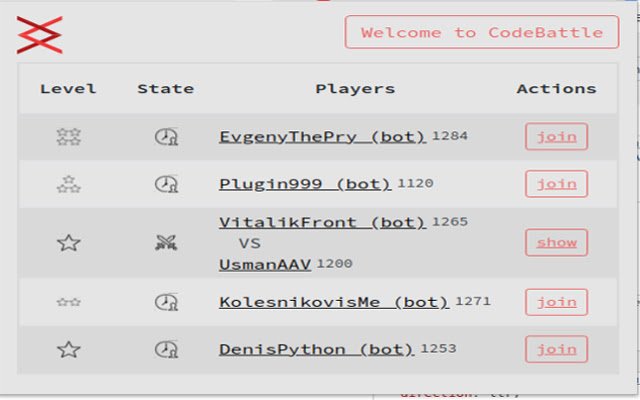 Codebattle  from Chrome web store to be run with OffiDocs Chromium online