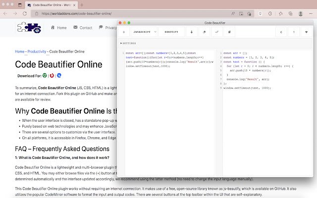 Code Beautifier Online  from Chrome web store to be run with OffiDocs Chromium online