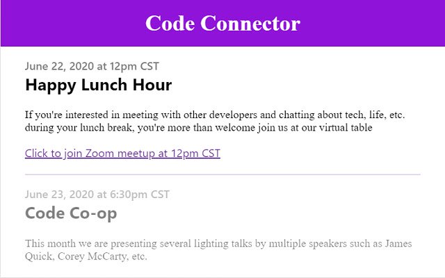 Code Connector Meetups-Kalender aus dem Chrome-Webshop, der mit OffiDocs Chromium online ausgeführt werden soll