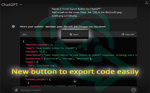 Code Export Button for ChatGPT from Chrome web store to be run with OffiDocs Chromium online Code Export Button for ChatGPT from Chrome web store to be run with OffiDocs Chromium online