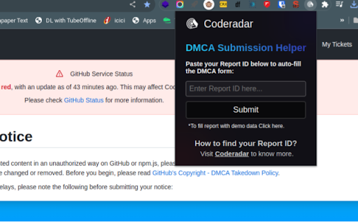 CodeRadar Github DMCA Helper  from Chrome web store to be run with OffiDocs Chromium online
