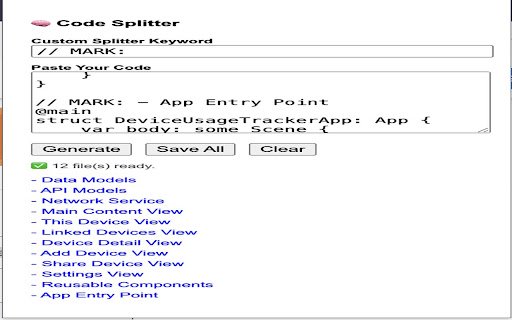 Code Splitter  Saver  from Chrome web store to be run with OffiDocs Chromium online