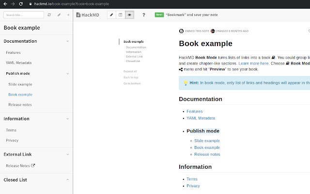 CodiMD Book mode  from Chrome web store to be run with OffiDocs Chromium online