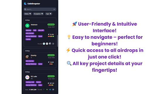 CoinDropster Crypto airdrop tracker  from Chrome web store to be run with OffiDocs Chromium online