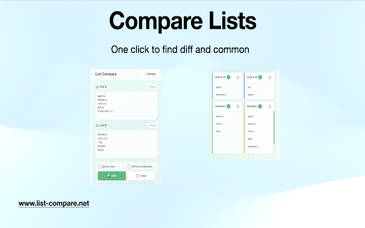 Compare Lists  from Chrome web store to be run with OffiDocs Chromium online