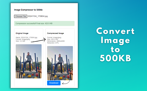 Compress Image to 500kb » Convert JPG to 500kb from Chrome web store to be run with OffiDocs Chromium online Compress Image to 500kb » Convert JPG to 500kb from Chrome web store to be run with OffiDocs Chromium online