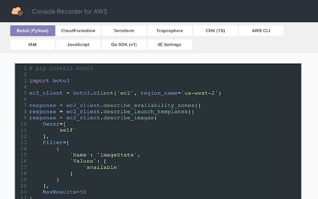 OffiDocs Chromium 온라인과 함께 실행되는 Chrome 웹 스토어의 AWS용 콘솔 레코더