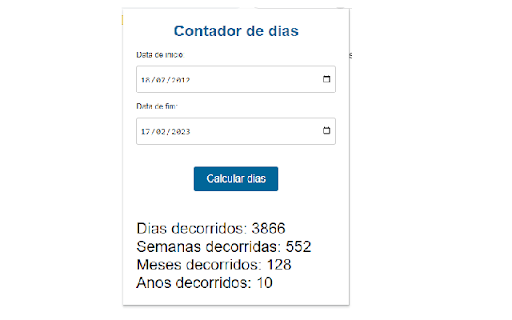 Contador de Dias Decorridos from Chrome web store to be run with OffiDocs Chromium online Contador de Dias Decorridos from Chrome web store to be run with OffiDocs Chromium online