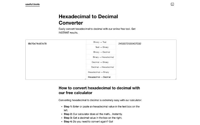 Konversikan Konverter Heksadesimal ke Desimal dari toko web Chrome untuk dijalankan dengan OffiDocs Chromium online