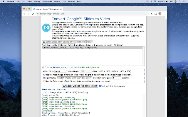 Convert Slides to Video  from Chrome web store to be run with OffiDocs Chromium online