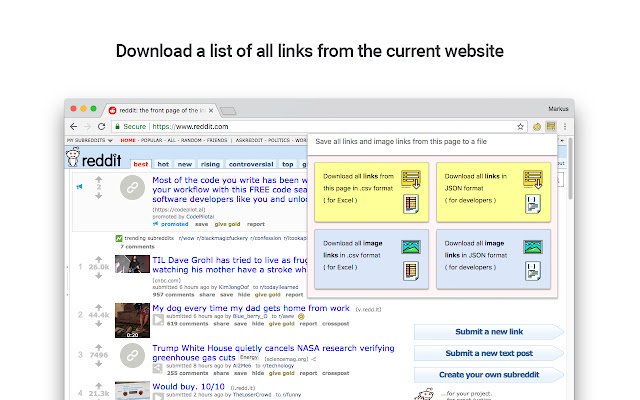 Copy all links and image links to CSV or JSON  from Chrome web store to be run with OffiDocs Chromium online