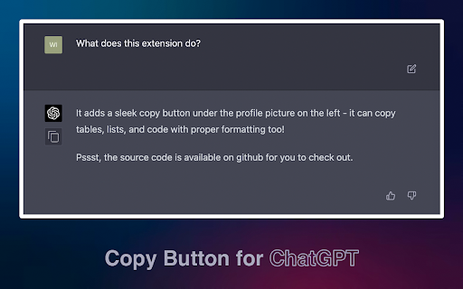 Copy Button for ChatGPT  from Chrome web store to be run with OffiDocs Chromium online