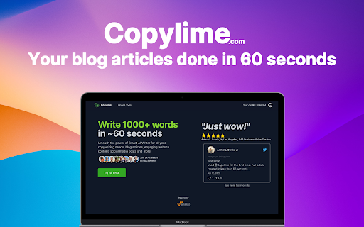 Copylime.com Smart AI Writing Assistant  from Chrome web store to be run with OffiDocs Chromium online
