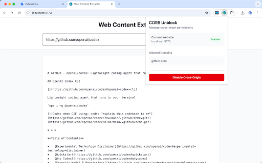 CORS Unblock  from Chrome web store to be run with OffiDocs Chromium online
