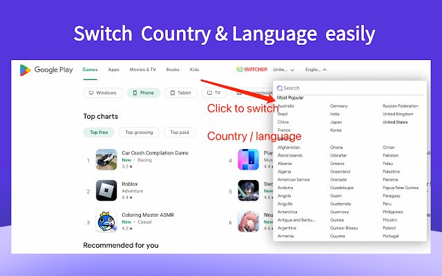Country  Language switcher For Play Store  from Chrome web store to be run with OffiDocs Chromium online