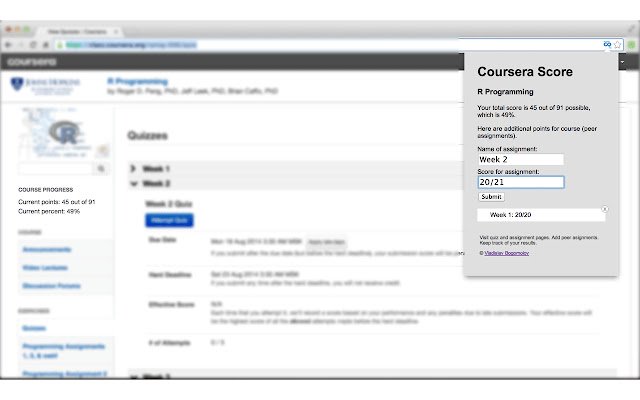 Coursera score  from Chrome web store to be run with OffiDocs Chromium online