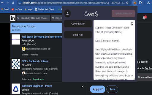 Coverly AI cover letter generator  from Chrome web store to be run with OffiDocs Chromium online