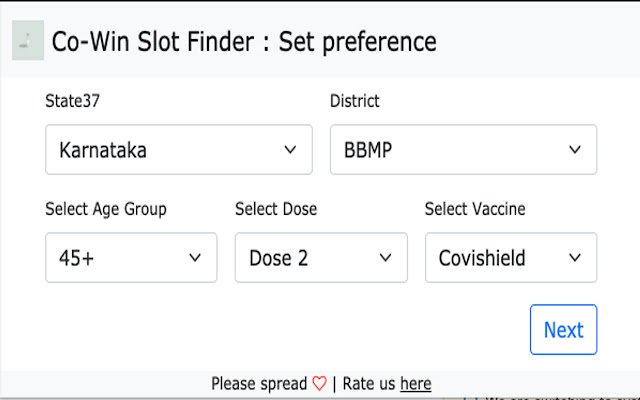 Co Win Slot Finder  from Chrome web store to be run with OffiDocs Chromium online