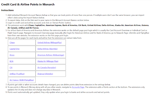 Credit Card and Airline Points in Monarch Money from Chrome web store to be run with OffiDocs Chromium online Credit Card and Airline Points in Monarch Money from Chrome web store to be run with OffiDocs Chromium online