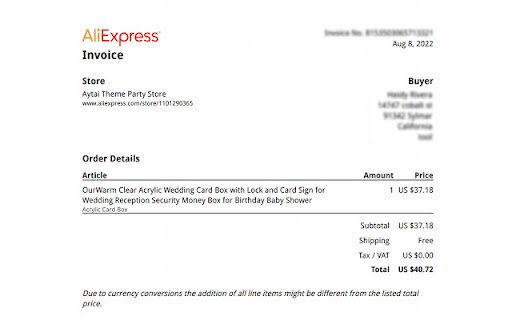 Criador de faturas do AliExpress.  from Chrome web store to be run with OffiDocs Chromium online