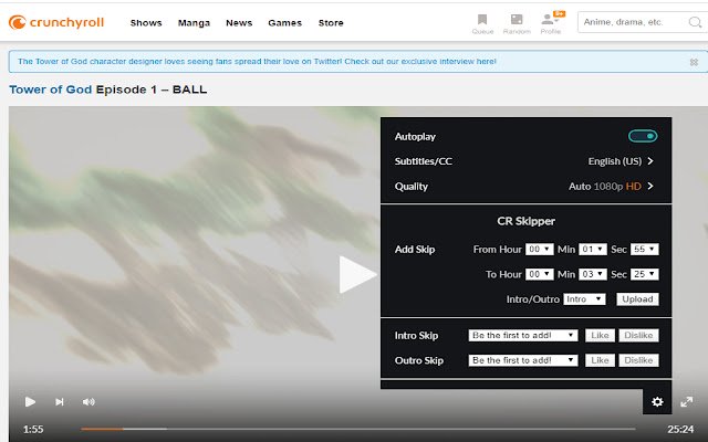 Crunchyroll Skipper uit de Chrome-webwinkel wordt uitgevoerd met OffiDocs Chromium online
