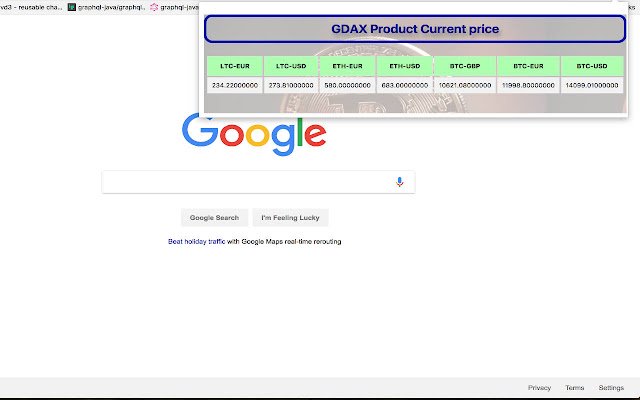 Cryptocurrencies GDAX product price  from Chrome web store to be run with OffiDocs Chromium online