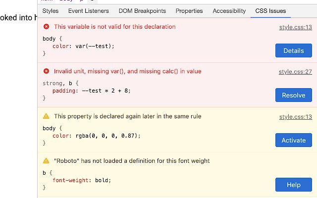 OffiDocs Chromium 온라인으로 실행할 Chrome 웹 스토어의 CSS 문제 패널