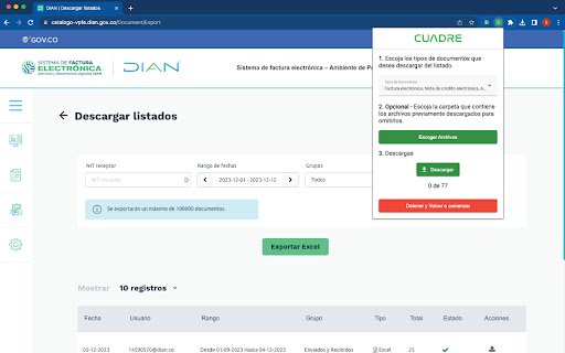 Cuadre.io DIAN XML Downloader  from Chrome web store to be run with OffiDocs Chromium online