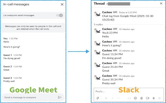 Cuckoo Log Google Meet Chat Messages  from Chrome web store to be run with OffiDocs Chromium online