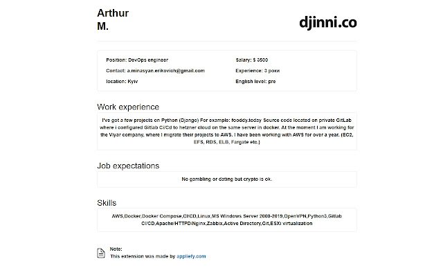Chrome ウェブストアの履歴書 Djinni を OffiDocs Chromium online で実行