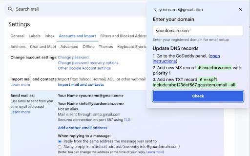 Custom Domain for Gmail  from Chrome web store to be run with OffiDocs Chromium online