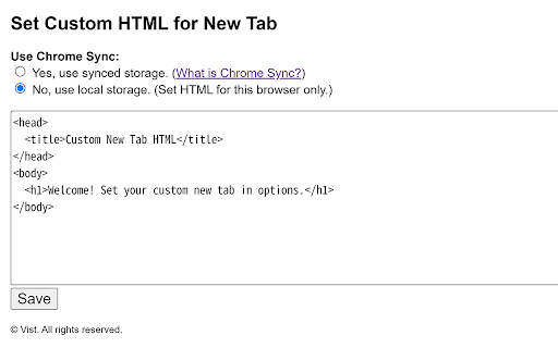 Custom New Tab HTML  from Chrome web store to be run with OffiDocs Chromium online