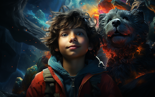 cute child smiling outdoors looking camera with pet dog  from Chrome web store to be run with OffiDocs Chromium online