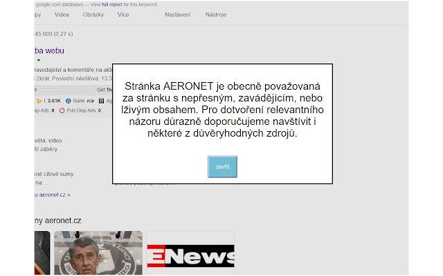 CZ/SK FakeNews-Warnung aus dem Chrome-Webshop, die mit OffiDocs Chromium online ausgeführt werden soll