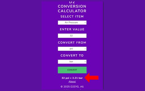 D2 Conversion Calculator  from Chrome web store to be run with OffiDocs Chromium online