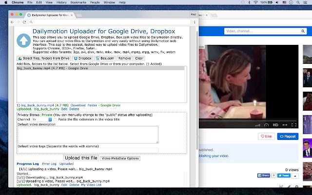 Dailymotion Uploader for Drive, Dropbox  from Chrome web store to be run with OffiDocs Chromium online