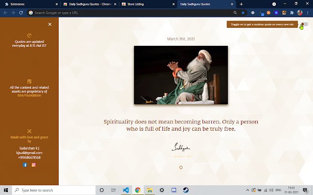 Chrome ウェブストアからの Daily Sadhguru Quotes を OffiDocs Chromium online で実行