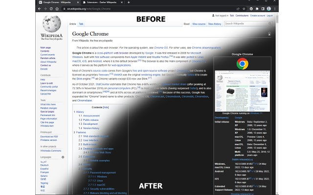 Modo oscuro/nocturno para que Wikipedia de la tienda web de Chrome se ejecute con OffiDocs Chromium en línea