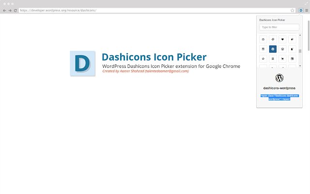 Chrome ウェブストアの Dashicons アイコン ピッカーは、OffiDocs Chromium オンラインで実行されます