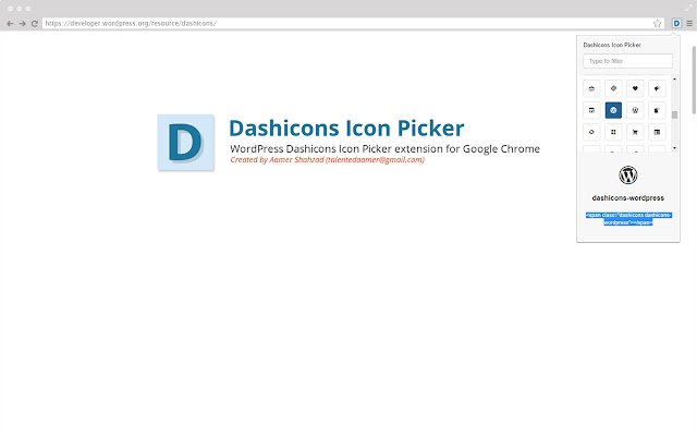 Dashicons Icon Picker mula sa Chrome web store na tatakbo sa OffiDocs Chromium online