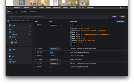 Datadog Browser SDK developer extension  from Chrome web store to be run with OffiDocs Chromium online