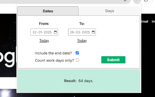 Days and Dates Calculator  from Chrome web store to be run with OffiDocs Chromium online