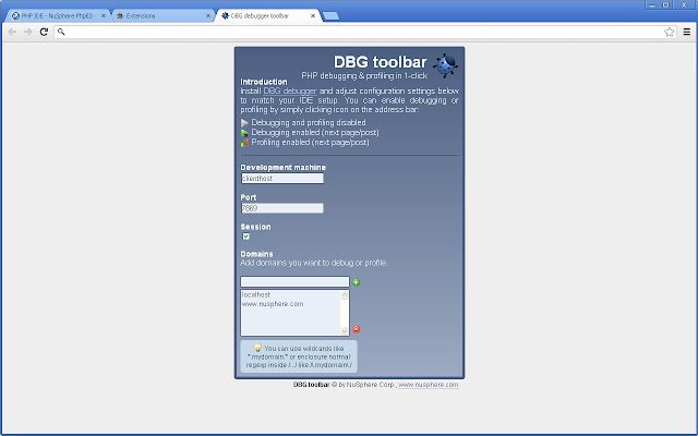 DBG debugger toolbar mula sa Chrome web store na tatakbo sa OffiDocs Chromium online