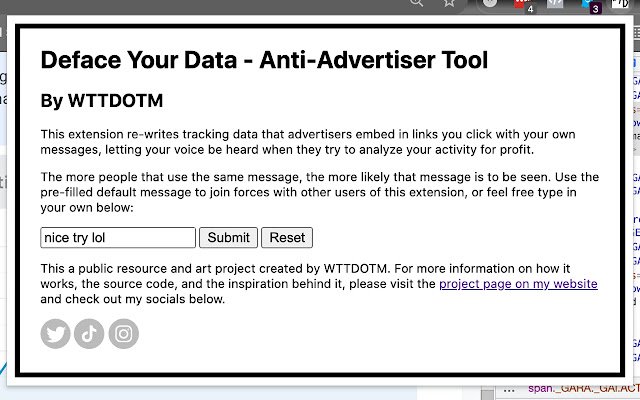 Deface Your Data Anti Advertiser Tool ຈາກ Chrome web store ເພື່ອດໍາເນີນການກັບ OffiDocs Chromium ອອນໄລນ໌