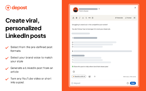 Depost AI – Post Comment Generator for LinkedIn, X (Twitter), and Reddit from Chrome web store to be run with OffiDocs Chromium online Depost AI – Post Comment Generator for LinkedIn, X (Twitter), and Reddit from Chrome web store to be run with OffiDocs Chromium online