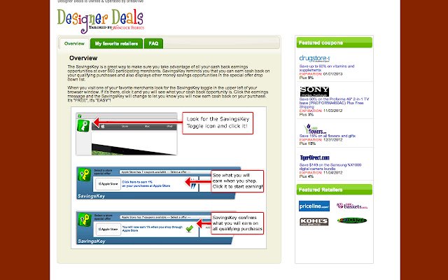 Designer Deals SavingsKey  from Chrome web store to be run with OffiDocs Chromium online